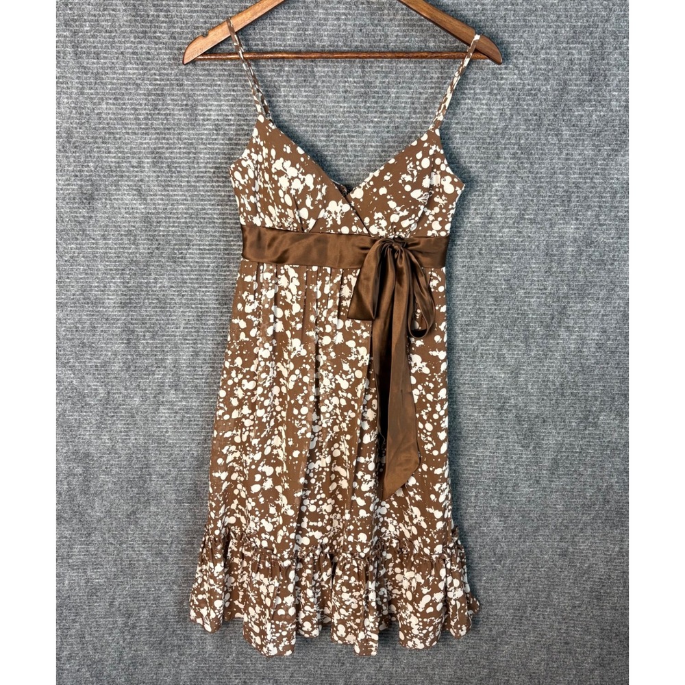 Max and Cleo 100% Silk Brown Floral Midi Dress Women's Size 2 Ruffle Hem